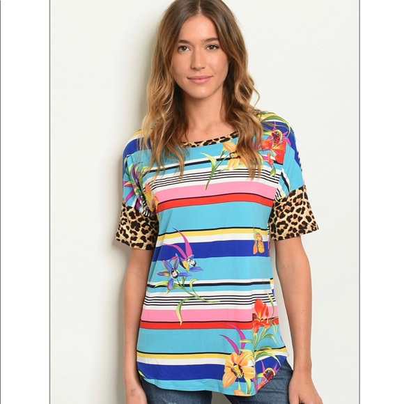 Watermelon Blue Stripe/Leopard Print T-Shirt - Picture 7 of 8